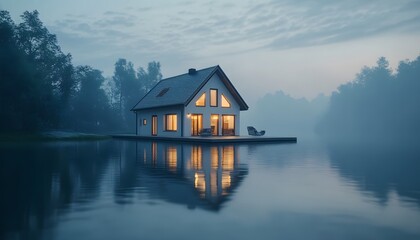 Fototapeta premium Isolated modern house reflects in calm water during dusk