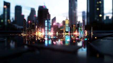 Obraz premium Futuristic Cityscape Neon Lights Digital Skyline Smart City Night View