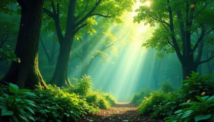 Obraz premium Dappled light filtering through a lush forest, surreal, luxury abstract background