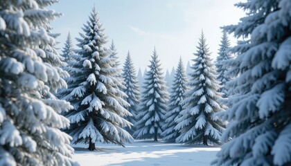 Fototapeta premium Snow Covered Pine Trees in Winter Forest on Sunny Day