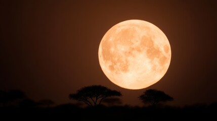 Strawberry moon glowing above silhouettes of trees in the quiet field