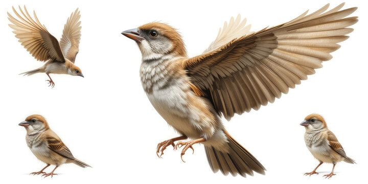 Sparrow Flying with Wings Open, Perched Birds on White Background