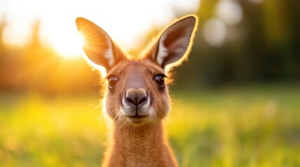 Obraz premium Kangaroo grazing peacefully in a sunlit meadow at dusk