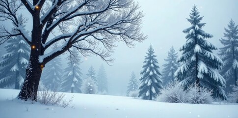 Fototapeta premium Frosty tree branches stretch towards the grey sky, snowy forest, snowflakes