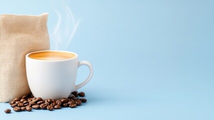 Cozy elegance of hot espresso beside coffee beans on a blue backdrop