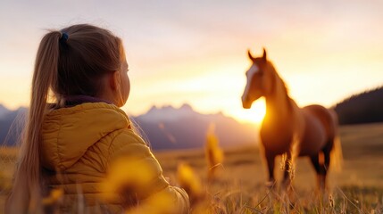 Little girl enjoys a magical evening with her horse in a sunlit meadow