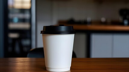 Plain white paper coffee cup with matte black lid,blurry cafe background,drink,glass