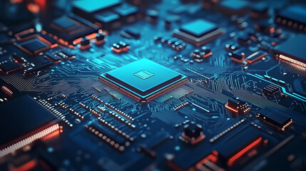 Macro Shot of Circuit Board with Central Chip
