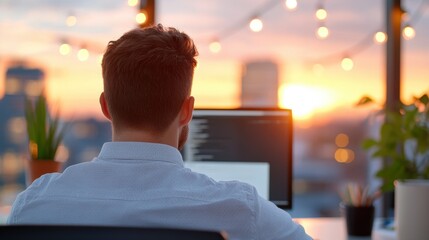 Overwhelmed consultant facing burnout at sunset in modern office