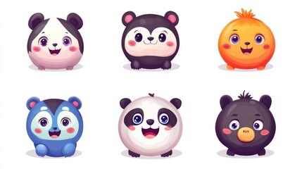 Cute cartoon animal characters. Collection of six stylized animal faces, panda, bear, and bird, with big eyes and happy expressions.  Flat design, colorful, and playful.  Perfect for kids.  .