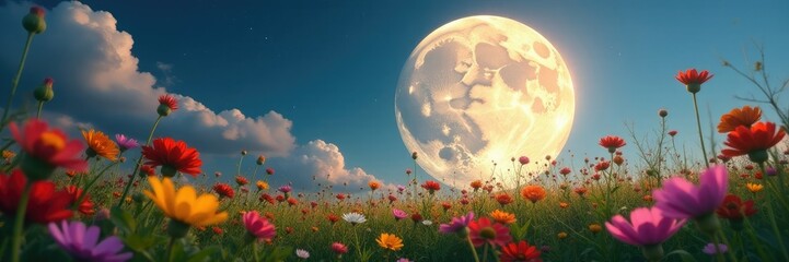 Naklejka premium Giant moon shining bright amidst a field of wildflowers, , sunny meadow, colorful blooms