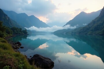 Misty morning at a serene lake in the mountains of Galapagos, morning, serene