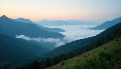 Fototapeta premium Misty morning light creeps over the mountain peaks with cloudy valleys below, clouds, peaceful, natural