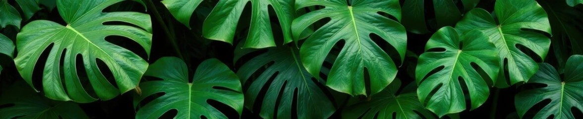 Monstera Deliciosa in a mixed tropical arrangement, botanical, verdant, dense foliage