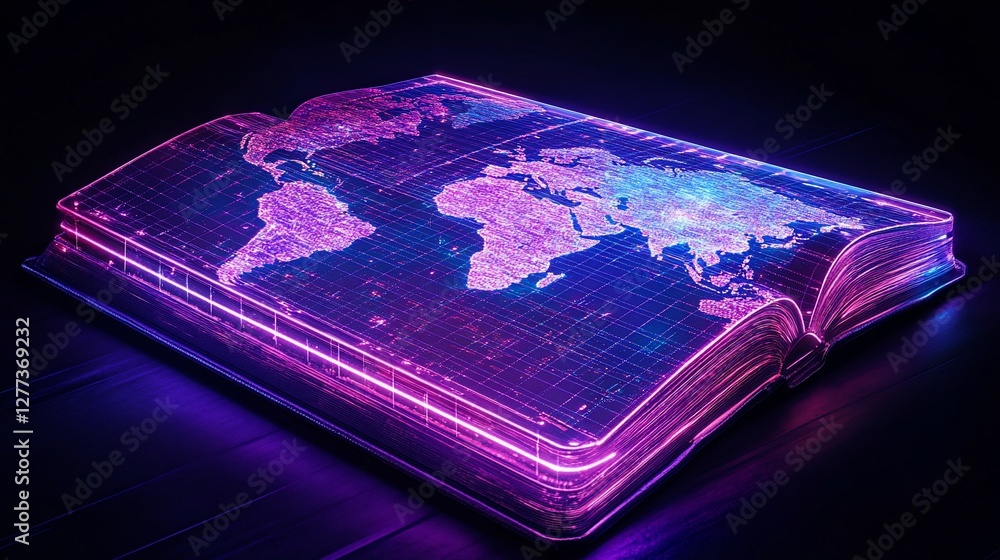 Poster illuminated world map book with glowing pages, modern data visualization concept