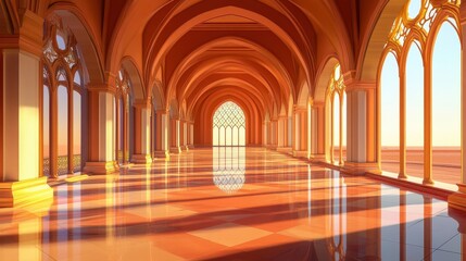Obraz premium Elegant architectural hall with arches and polished marble floor