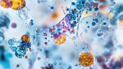 Aging cells viewed under a microscope in a bright lab. Featuring oxidative stress and fragmentation