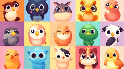 Cute cartoon animal characters in a grid pattern.  Various birds, mammals, and owls depicted with big eyes and cheerful expressions on colorful background squares.