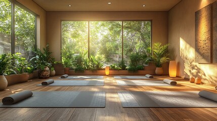 Serene yoga studio in a fitness center with yoga mats plants and soft lighting for a relaxing environment