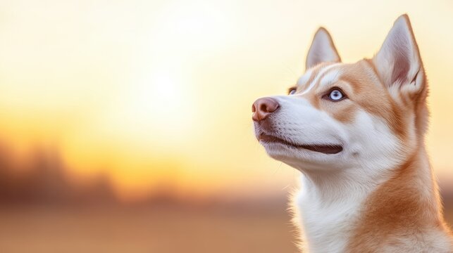 Siberian husky gazes into the sunset with stunning blue eyes