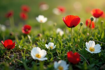 Fototapeta premium small white and red poppy flowers scattered on the ground, flower, white