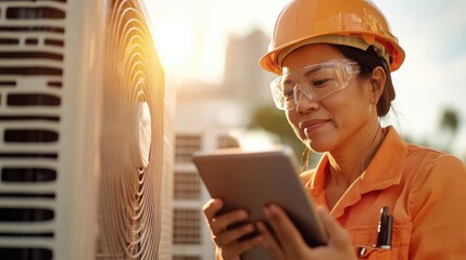 Engineer performs HVAC maintenance check on rooftop systems