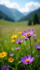 Fototapeta premium Small yellow and purple striped flowers blooming in the wild, purple, thymus, landscape