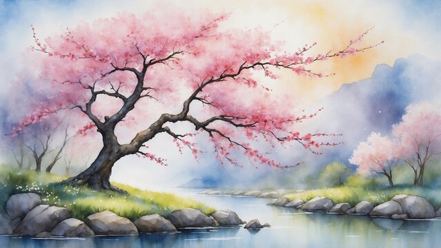 Pink cherry blossoms on a tree growing next to water with soft blue and green watercolor painting landscape background