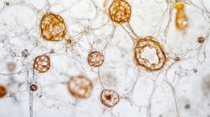 Aging cells viewed under a microscope in a clean lab. Featuring cell degeneration and biological aging