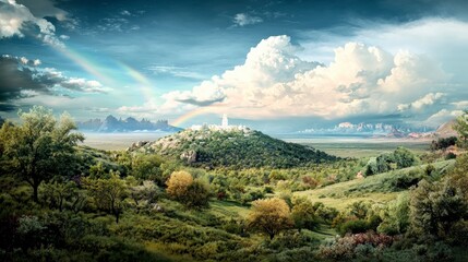 Obraz premium Serene Hilltop Cityscape Rainbow Clouds Mountains Nature