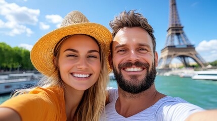Happy couple enjoys a sunny day at the Eiffel Tower in Paris