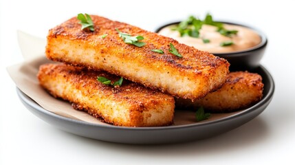Enjoying crispy fish finger sticks with fresh parsley on a white backdrop