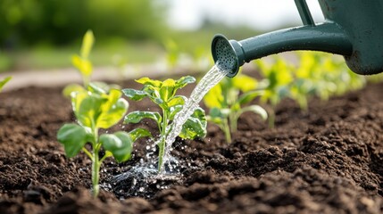Nurturing green life with a 10-liter plastic watering can in the garden