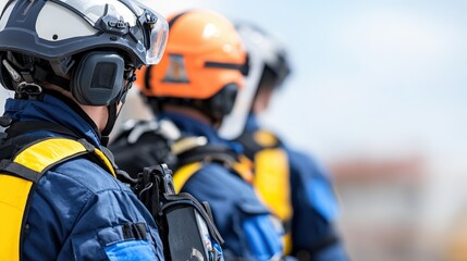 A group of professionals in protective gear, focused and prepared for action, showcasing teamwork and safety in a dynamic environment.
