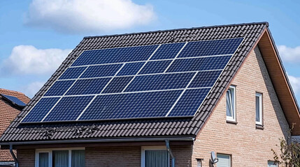 Modern House with Solar Panels on Roof Showcasing Clean Energy and Sustainability in Natural Light
