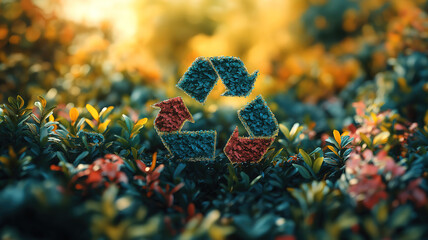 Environmental awareness concept with recycling icon surrounded by colorful nature promoting sustainability