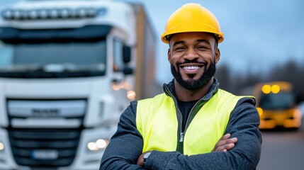 Smiling truck driver in safety gear at evening container yard