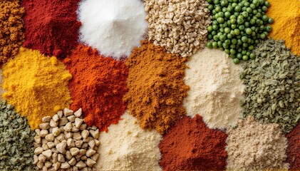 Vibrant Assortment of Colorful Spices and Herbs on Wooden Surface