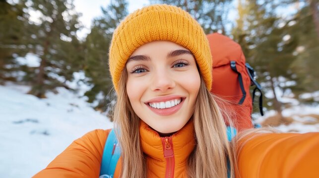 Enjoying the mountain vibes in a red jacket during a winter hike