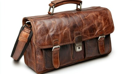 Brown leather briefcase on white background for stylish pros