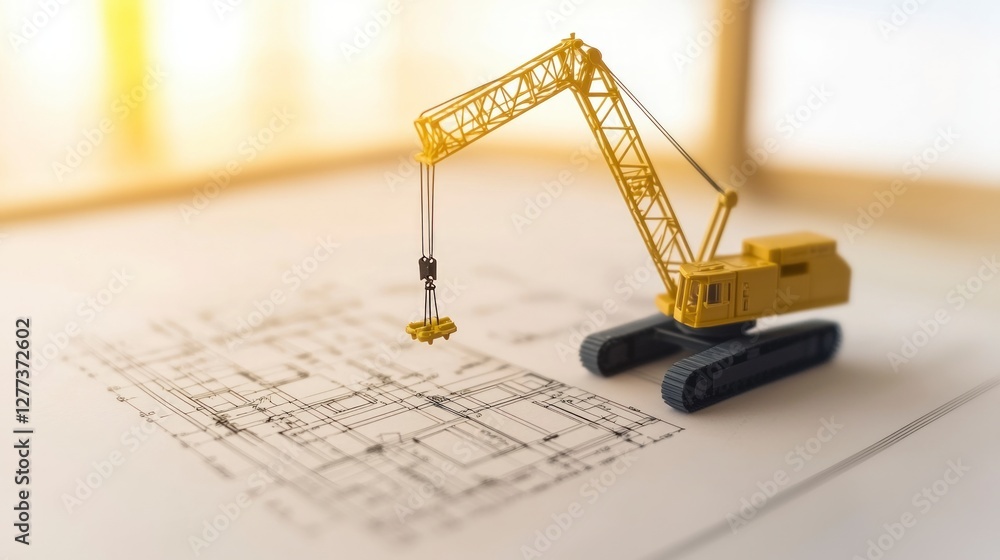 Poster construction crane model on blueprint engineering architecture building project desig