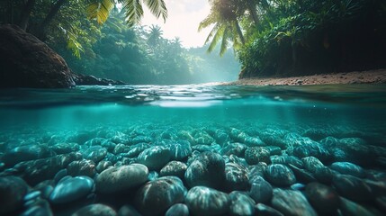 Obraz premium Tropical river flows into ocean, underwater view of smooth stones.