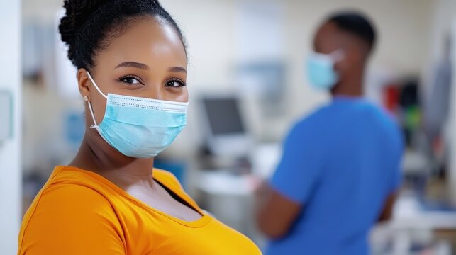 Pregnant woman consults her doctor in a clinic during the pandemic