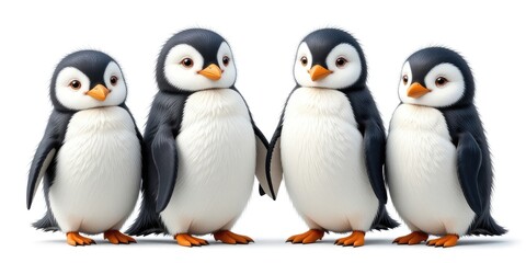 Fototapeta premium Four Adorable Penguin Chicks Standing Together on a White Background