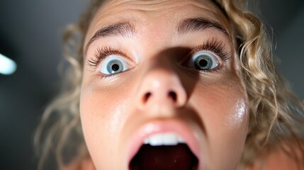 Fearful woman gazes into the darkness, frozen in terror