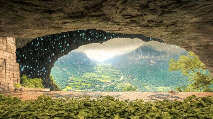Dark cave entrance overlooking a lush valley and mountain landscape in an emerald green environment