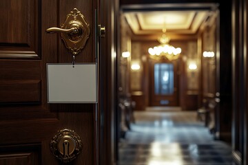 Obraz premium Doorknob with a paper bag in the entrance to the hotel