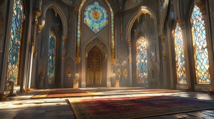 Fototapeta premium Majestic Interior of a Grand Hall with Colorful Stained Glass