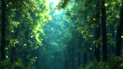 Obraz premium Serene Rain Forest Lush Greenery Falling Drops Tranquil Nature Scene