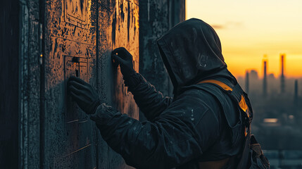 Mysterious hooded figure in tactical gear unlocking a weathered metal door at sunset with an industrial cityscape in the background